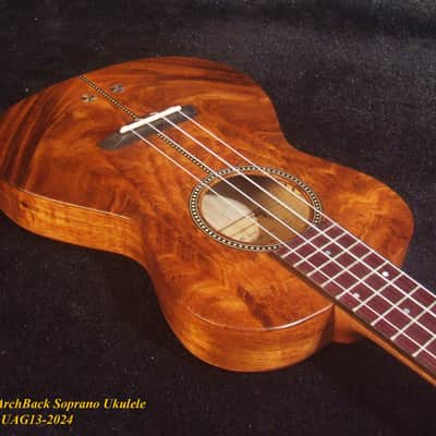 Handcrafted Soprano Ukulele, Curly Acacia, Curly Maple Archback , Abalone Inlay, Soft-bag, Bruce Wei UAG13-2024 image 7