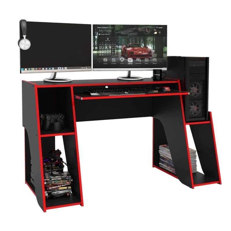 57.5” Music Production Desk with Storage | Studio Workstation with Keyboard Tray, Gear Shelves & Cable Management image 1