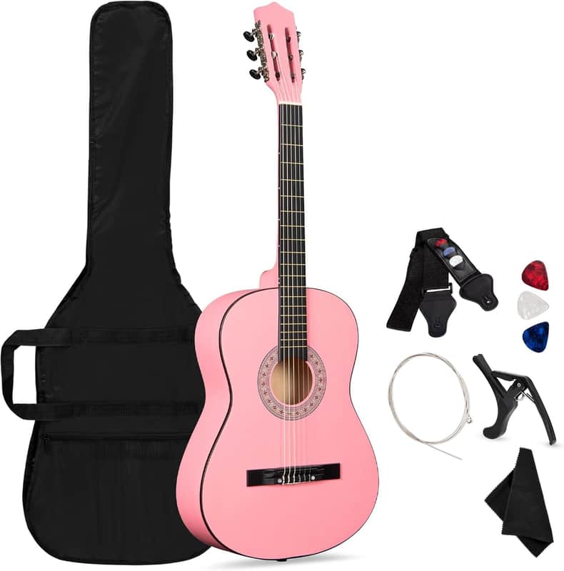 38in Beginner All Wood Acoustic Guitar Starter Kit w/Gig Bag, 6 Picks, Nylon Strings, Strap w/Pick Holder - Pink image 1