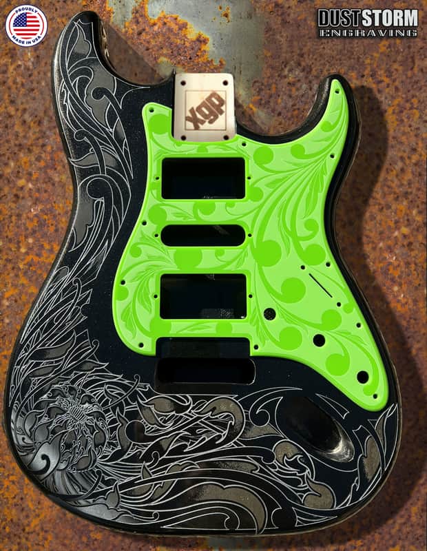 Black Sparkle XGP Stratocaster Style Laser Engraved Guitar Body with Solid Slimer Green Acrylic Pickguard and Tremolo Cover HSH, HSS, SSS Setups Available image 1