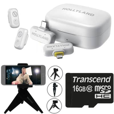 Hollyland LARK A1 Combo 2-Person Wireless Microphone System with USB-C and Lightning Connectors for Mobile Devices (Ivory White, 2.4 GHz) + Vivitar compact Selfie Video Tripod + 16GB Transcend MicroSD Memory Card with Adapter image 1