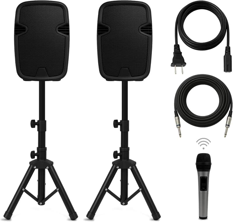 8-Inch Bluetooth PA Speaker Set – Portable Speakers Bluetooth Wireless Microphone with Stands and Cable – Party Speaker & DJ Speakers Outdoor Sound System, PA System Set for Events, Karaoke image 1