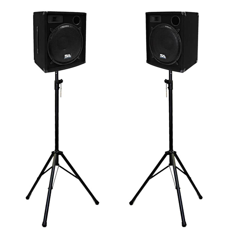 Pair of 15" Compact DJ / PA Speaker Cabinets and Tripod Stands - PA/DJ Package image 1