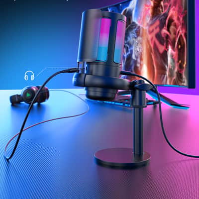 NJSJ Gamingmicrofoon, USB PC-microfoon voor podcast, streaming, microfoon met mute-kraan, regelbare RGB-verlichting, microfoonversterking en hoofdtelefoonvolumeknop voor laptop, tablets, Mac, PS4/5