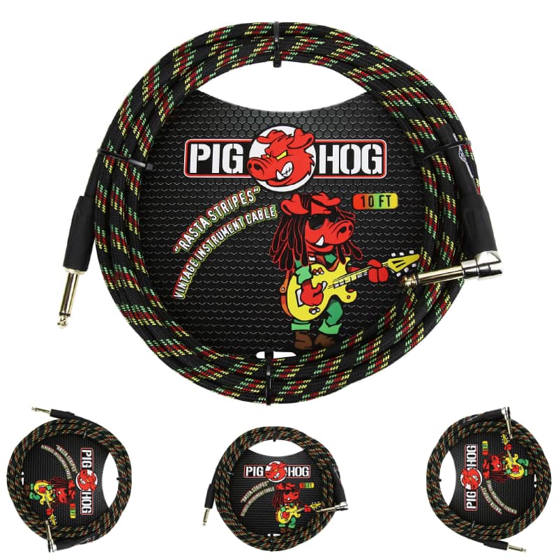 Pig Hog PCH10RAR Instrument Cable, 1/4" Straight to 1/4" Right Angle, Rasta Stripe Woven, 10"ft image 1