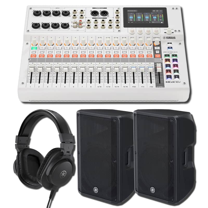 Yamaha MGX16V W 22-Channel Digital Mixing Console Monitoring PA Bundle with Two DBR15 15-Inch 1,000W Powered Loudspeakers and HPH-MT5 Closed-Back Studio Monitor Headphones (White) image 1