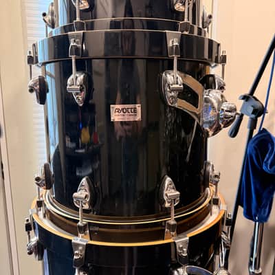 Ayotte Custom Piano black gloss wood hoop maple drum kit 22/12/14/16 image 8