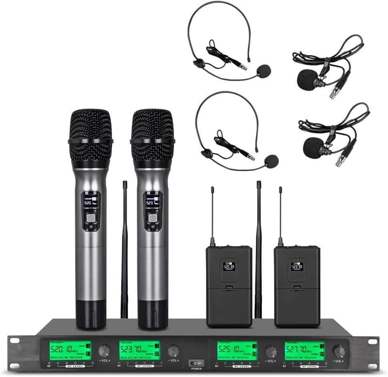 Wireless Microphone System UHF 4 Channel 2 Handheld Mic 2 Headset 2 Lavalier Bodypack 2 Lapel Mic Pro Karaoke System Speaking Conference Wedding Party image 1