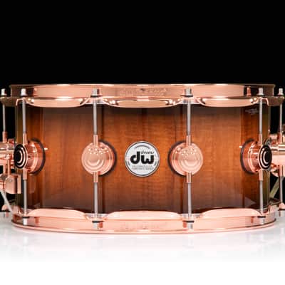 DW Collector's Series 6.5x14 Koa on 12ply VLT Shell with Copper Hardware - Natural to Candy Black Burst image 1