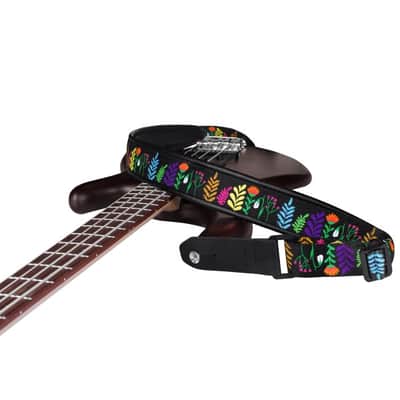 Strap for Guitar Ukrainian Nylon + Leather Ethnic Black Flowers image 4
