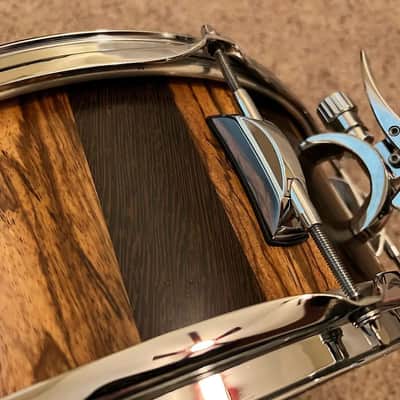 Like-New Daville (Doc Sweeney) Zebrawood/Wenge 14x6 stave snare, satin oil, Canopus wires, extra head, new extra wires image 3