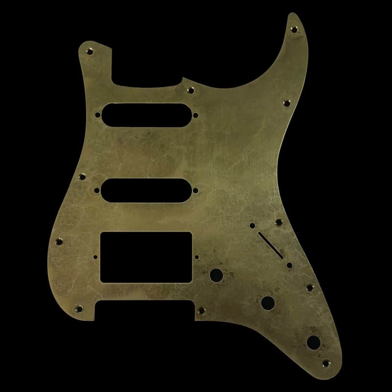 Made-to-Order - Stratocaster 11-hole HSS COVERED Humbucker Pickguard Scratchplate for Fender - Aged Gold Brass - Hand-finished image 1