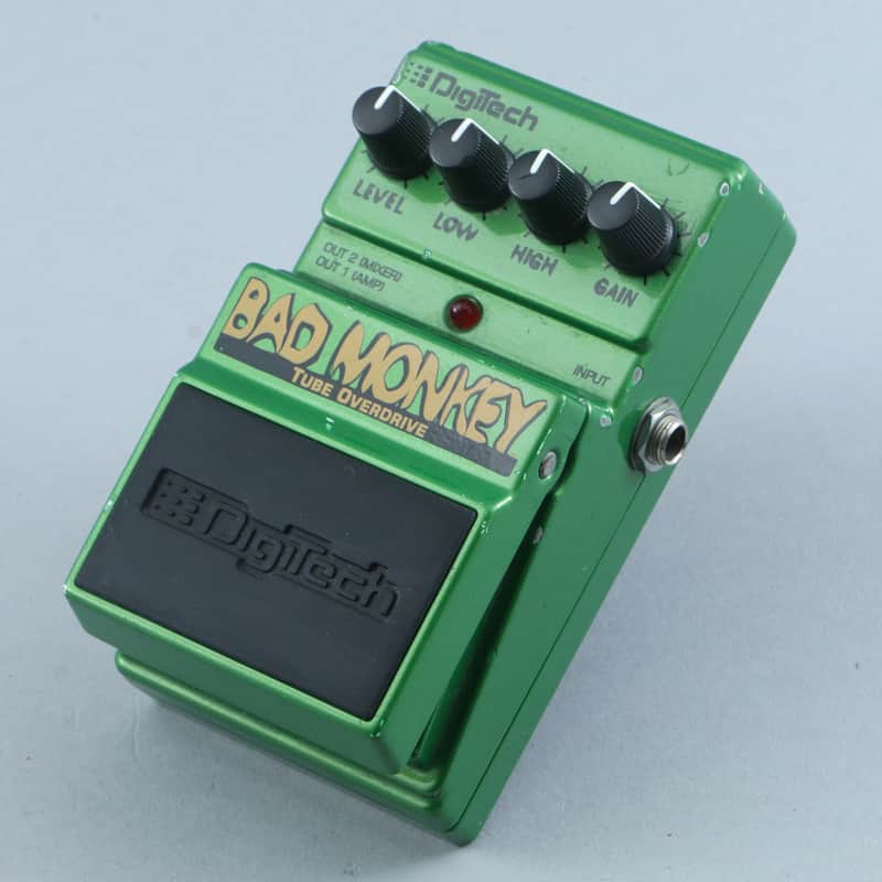 Green and blue Digitech Bad Monkey tube overdrive pedal with knobs.