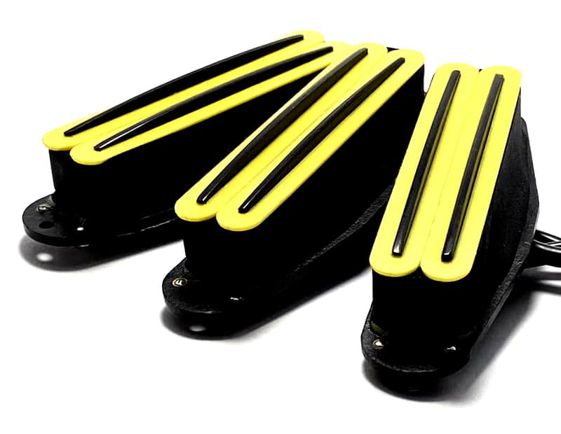 Dragonfire Duo Rails SSS Set Strat Sized Humbucker Pickups, Bridge/Middle/Neck Yellow w/ Black Rails image 1