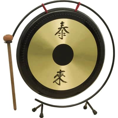 Adjustab14" Hand-Hammered Oriental Table Gong with Stand & Mallet – Chinese Inscription “The Good Shall Come; The Bad Shall Go”le Black Metal Gong Stand with Locking Wheels – Fits Gongs Up to 40" – Height 24"–42" image 2