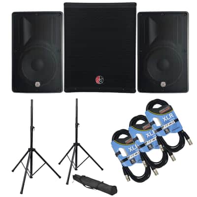 (2) PSG Audio Cobra 15" 2000 Watt, PSG Audio CHAOS 18 2400 Watts Sub, Stands, (3) XLR Cables Bundle image 1