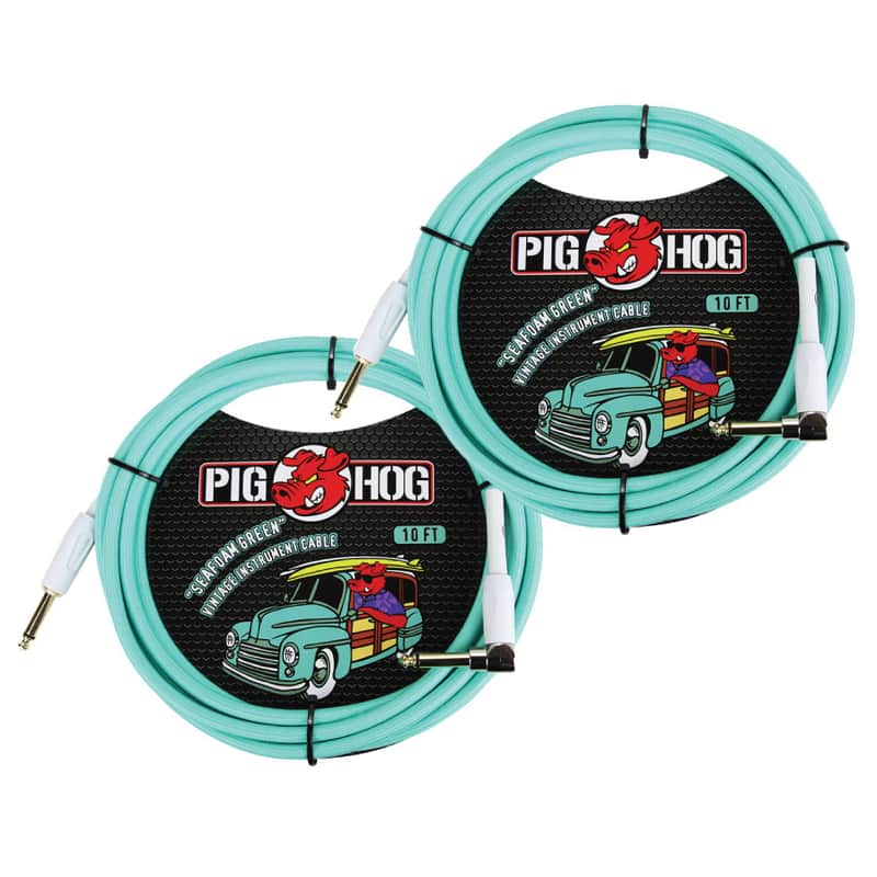 2 Pack Pig Hog PCH10SGR 1/4" Straight 1/4" Right-Angle Seafoam Green Instrument Cable - NEW image 1