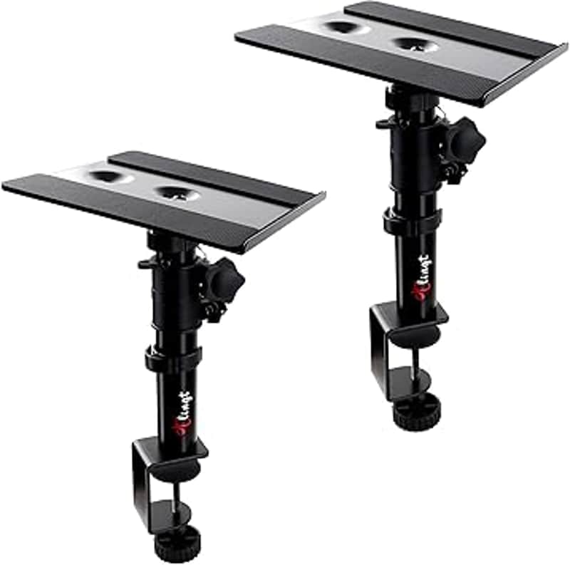 Desktop Speaker Stands Pair, Clamp-on Monitor Speaker Stand Riser, 6.7”x7.9” Metal Tray, Adjustable Height, -10° to +10° Tilted Angle, Ideal for 3 to 4-inch Monitor Speaker, Bookshelf Speaker image 1