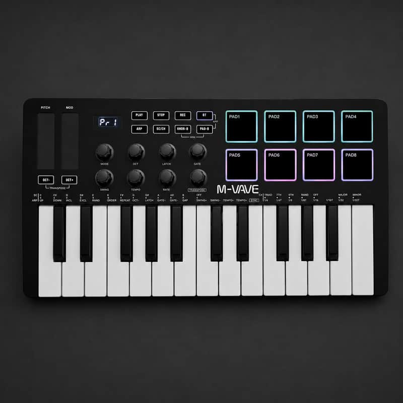 M-VAVE SMK-25 25-Key Wireless MIDI Keyboard Controller with 8 RGB Drum Pads, 8 Knobs & 2 Touch Strips image 1