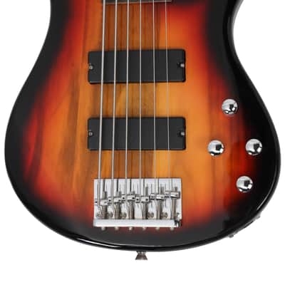 Glarry Full Size GIB 6 String H-H Pickup Electric Bass Guitar Bag Strap Pick Connector Wrench Tool 2020s - Sunset Color image 2