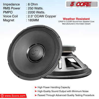 5 Core 15 inch Subwoofer with PA DJ Speaker 250W RMS, 2500W PMPO, 2.5" Voice Coil Bild 2