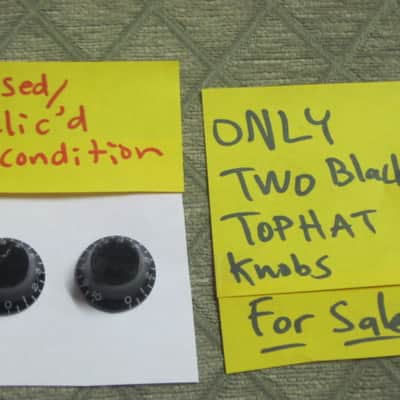 one pair (2 individual knobs) used relic'd genuine Gibson Black TOP HAT Knobs (model PRHK-010) knobs have some visible imperfections from use (the other two knobs from the from the PRHK-010 set are NOT included) image 1