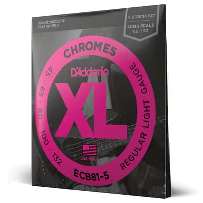 D'Addario Chromes 45-132 Stainless Steel Flatwound 5-String Bass Guitar Strings, Long Scale [ECB81-5] image 2