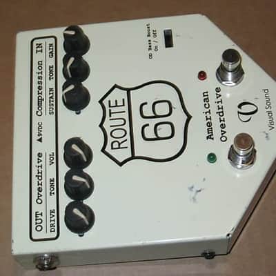 used Visual Sound Route 66 Overdrive & Compression 1st ver of orig model RT66 (late 1990s) only works with adapter (NOT included), has battery clip - but can't power a battery clip (don't know why) + new feet & strings image 17