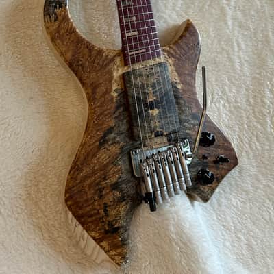 96 art Multiscale Headless 7 string Solidbody Guitar with Sophia Tremolo, Buckeye Burl, Ash, Purpleheart image 2