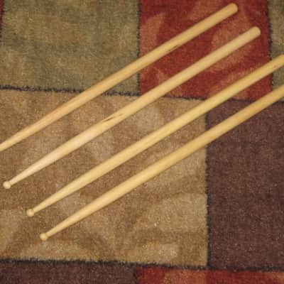 TWO new pairs (no packaging) near A+ Musician's Gear Hickory Drumsticks similar in size & head to Promark Finesse 718: small round tip, Length: 16 1/4" / 412.8mm, Diameter: .551" / 14mm, satin finish (plain, meaning NO graphics / NO paper sleeve) image 1