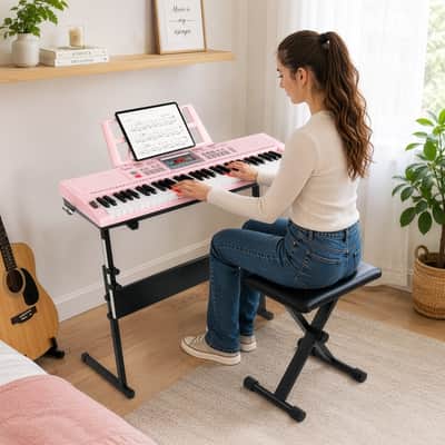 Glarry GEP-202 61-Key Keyboard Z-Stand with Piano Stool - Pink image 8