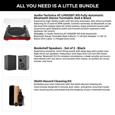 Audio-Technica AT-LP60XBT Fully Automatic Bluetooth Belt-Drive Stereo Turntable (Red & Black) with 45 rpm Adapter, 4 Inch Bookshelf Speakers (Pair) and Waith Record Cleaning Kit (Essential Bundle Set) image 2