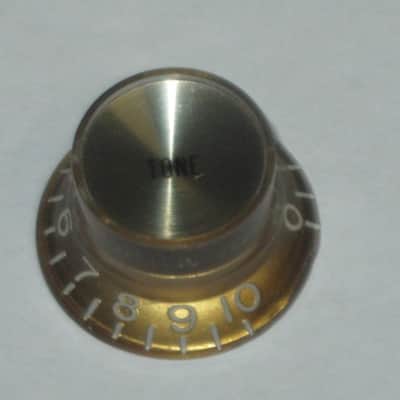 ONE very lite use genuine Gibson TONE (small print) knob from PRMK-030 set (only ONE TONE knob for sale / the other three knobs NOT included)  late 2000s or early 2010s - Knob is Gold with White Numbers & White Dashes (Gold Reflector w/ Small Black Print) image 3