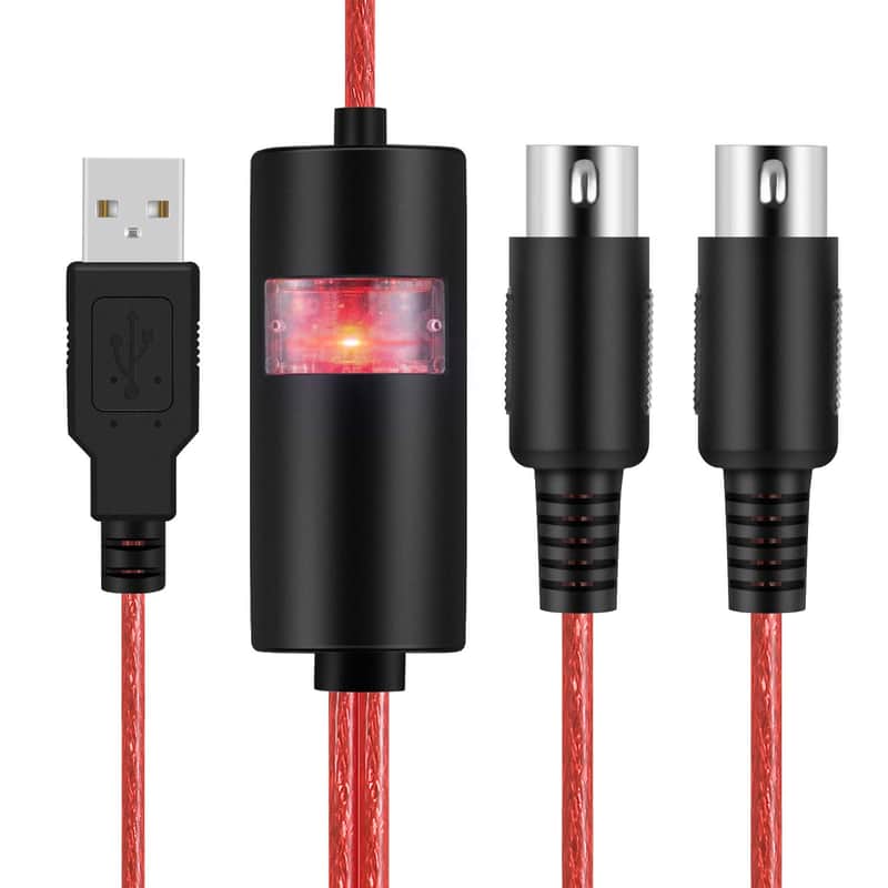 Midi To Usb Cable Interface Converter - In Out Midi Cable Host Adapter Plug Controller Wire Cord For Keyboard Synthesizer Device To Mac Pc Computer Laptop Ipad Iphone Music Studio (Red 6 Ft) image 1