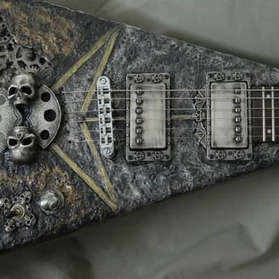 Steampunk Skull B.C. Rich junior V Guitar hand sculpted top handmade skull hardware flying v image 11