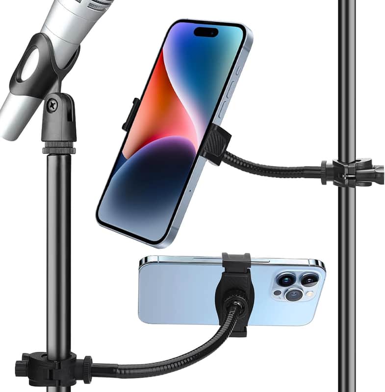 Mic Stand Phone Holder, Cell Phone Holder for Mic Stand, Adjustable Flexible Pole Phone Mount for Microphone, Music, Drum Stand, for Smartphone image 1