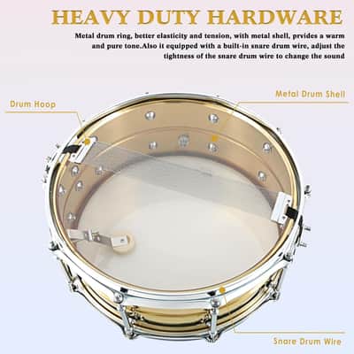 Snare Drum 14 X5.5 Inches Professional Snares for Drummer, Adult, Advanced Drum Set Snare Drums (Brass Color) image 4