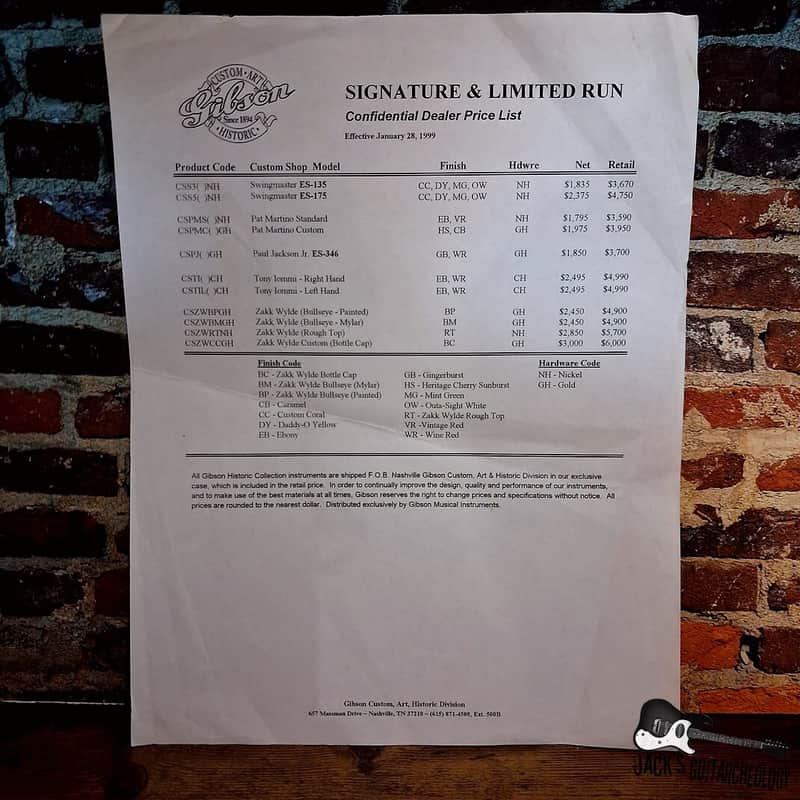 Gibson Ephemera - Confidential Dealer Price List (1999) image 1