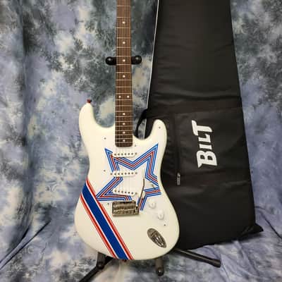 Video Demo 2021 Mint BiLT White Red Blue Stripe MERC Model Lindy Fralin Blues Pickups Trem Custom Design Pro Setup BiLT Gigbag image 1
