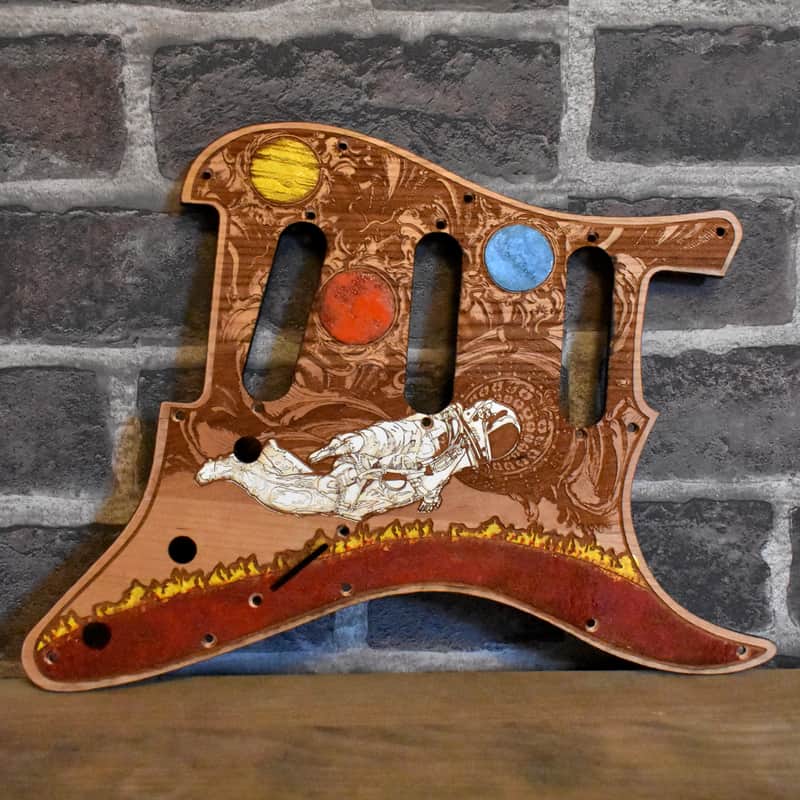 Hand-Painted Cherrywood Pickguard for Fender Stratocaster HSS/SSS – Laser-Engraved 'Stumble' Design image 1