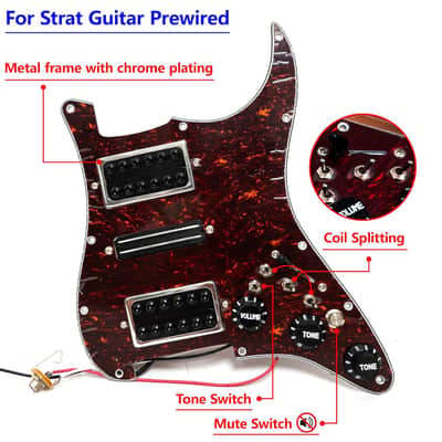 Hsh Prewired Strat Pickguard Set Coil Split Humbucker Pickups Loaded Strat Pick Guard Guitar Mute Switch Output Mute Switch For Fender American/Mexican Stratocaster Style Guitar (Red Tortoise) image 2