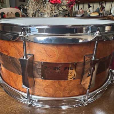 ~NEW!~ Pork Pie Decaf Macchiato Maple 6.5x14 Snare Drum in Satin Burled Walnut with Sapele Stripe image 1