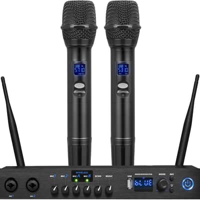 Digital Wireless Microphone System with Bluetooth - Includes 2 Dynamic UHF Handheld Mics, Portable Long-Range Receiver w/Built-in Echo Effect - for Live Pro Audio, Karaoke, Studio image 1