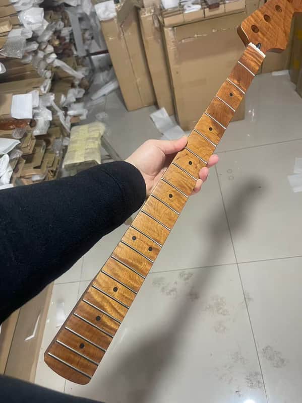 4 string electric bass neck jazz bass stainless steel 20frets  Roasted flame Maple guitar neck 34inch hole 18mm black dot inlay image 1