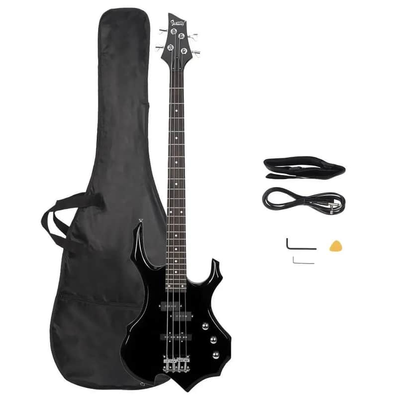 Burning Fire 4-String Electric Bass Guitar – Black, Full Size, 24 Frets, Right-Handed with Bag and Accessories image 1