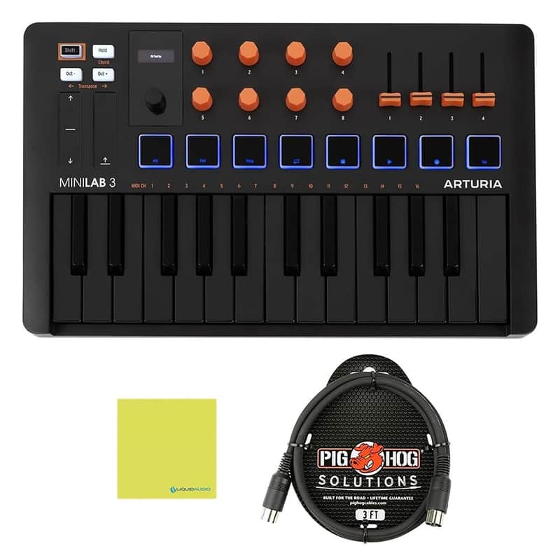 Arturia MiniLab 3 25 SlimKey Controller Bundle with 3ft Pig Hog MIDI Cable & Polishing Cloth– Orange, USB-MIDI Keyboard, 8 RGB Pads, 8 Encoders, Faders, DAW Integration, Software for Music Production image 1