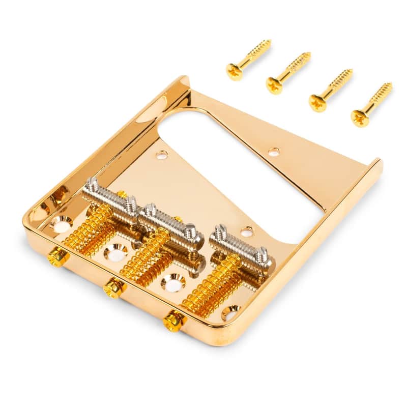 StewMac Traditional Threaded 3-Saddle Bridge for Telecaster – Vintage-Style Steel Saddles for Enhanced Bite and Adjustable String Spacing, Gold image 1
