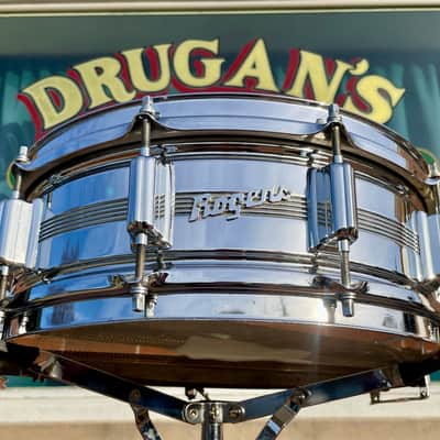 1960s Rogers 5x14 Dyna-Sonic 5-Line Snare Drum Chrome Over Brass Dynasonic COB image 2