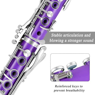Bb Clarinet For Beginners Students B Flat Clarinet 17 Keys Clarinet with Case Stand Strap 2 Barrels 8 Mouthpiece Cushion White Gloves Cleaning Kit(Purple) image 3