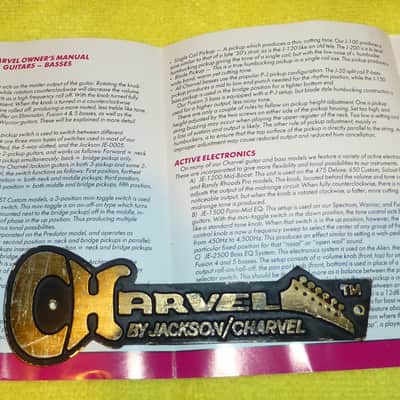 Charvel Pack consisting of Charvel Owners Manual from 1990 and Metal Charvel Guitar Case Badge Very Cool image 2